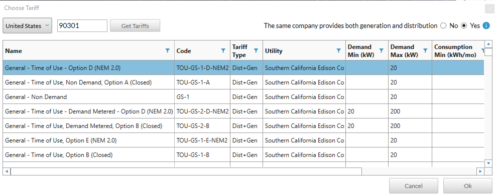 Choose gen tariff